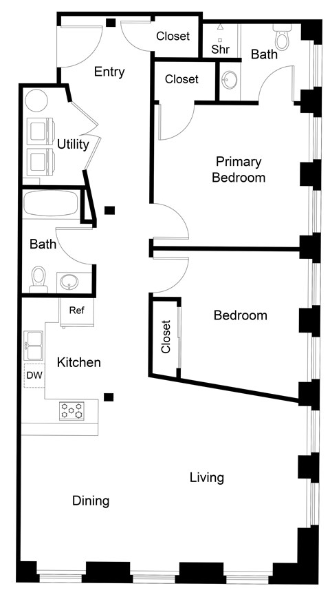 Floor plan for 2 beds, 2 baths, 1233 sqft